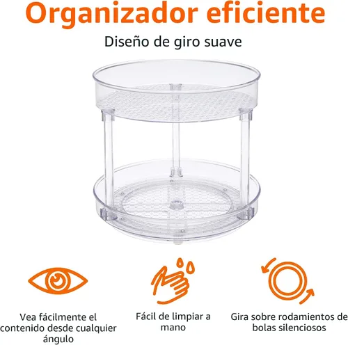 Vista 2 de Amazon Basics Lazy Susan - Organizador giratorio para especias y condimentos, 9 pulgadas de diámetro, 2 niveles, transparente