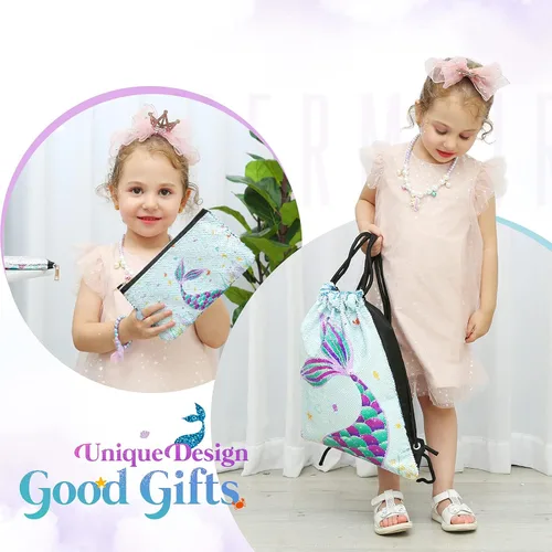 Vista 5 de WERNNSAI Paquete de cordón de sirena lentejuelas azules regalo de sirena para niñas mochila con cordón cosméticos para natación bolsa con cremallera
