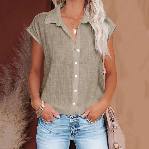 Vista 63 de Ceboyel Camisas para mujer de moda de verano, algodón, lino, manga corta, cuello con botones, blusa casual para mujer 2023