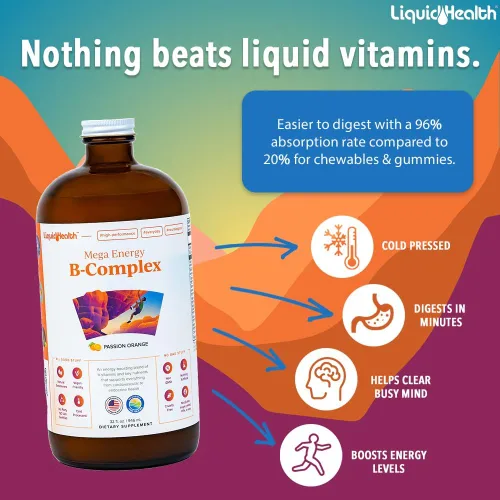 Vista 2 de LIQUIDHEALTH Mega Energy - Paquete de vitaminas líquidas de complejo B, calcio y magnesio para adultos, aumenta el nivel de energía natural, apoya