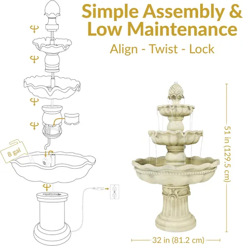 Vista 6 de Sunnydaze - Fuente de agua de 3 niveles de 51 pulgadas, fuente eléctrica para exteriores con parte superior de piña, función de agua para patio al