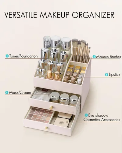 Vista 2 de Organizador de maquillaje Vlando, organizador para el cuidado de la piel para tocador, organizador de maquillaje de PU con cajones, estuche