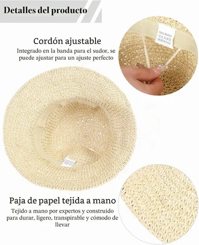 Vista 4 de Sombrero de sol para mujer, hecho a mano, cubo de paja de ganchillo para verano, plegable, gorra de viaje Beige