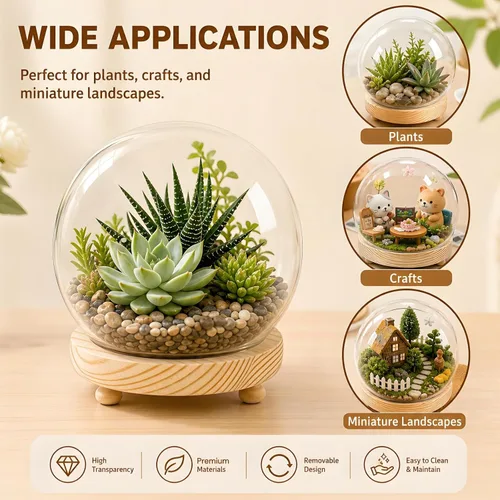 Vista 4 de Pumtus Paquete de 2 cúpula de cristal transparente, tarro decorativo de 6 pulgadas con base de madera, estuche de nieve para bricolaje, escaparate