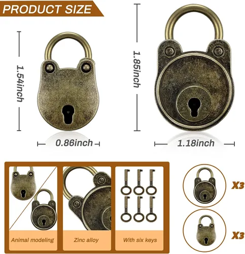 Vista 2 de Hotop 6 candados de estilo antiguo estilo antiguo de bronce con llave, oso, rana, cerraduras pequeñas con llaves para cofre del tesoro, cuaderno