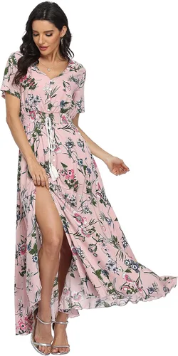 Vista 4 de VintageClothing - Vestido largo floral para mujer, estilo bohemio, con botones, dividido, para verano, informal, vestido largo para fiesta