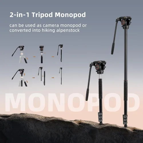 Vista 4 de Cayer FP2450 Trípode de cabeza fluida, trípode de video de aluminio de 75 pulgadas, trípode de cámara compacta de 4 secciones con cabezal fluido