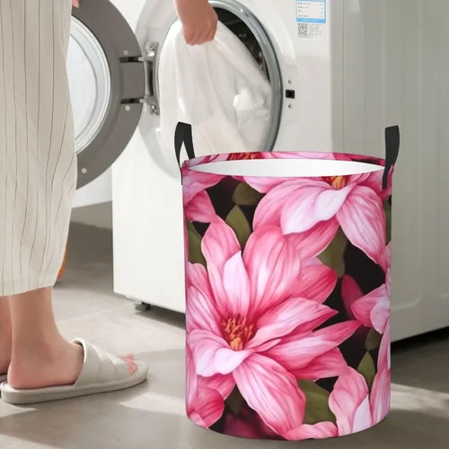 Vista 7 de Beauty pink Floral Flowers print Circular Hamper Waterproof Storage Bin Organizer Basket Laundry Hamper With Handles For Clothes Toys Medium