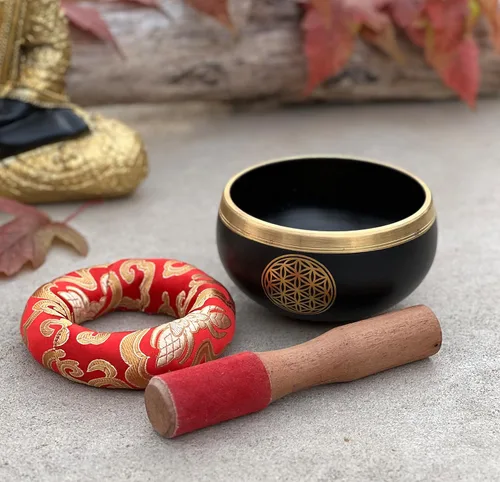Vista 6 de Juego de cojines tibetanos con diseño de flor de la vida, para meditación, yoga, curación espiritual y atención plena, tamaño mediano (negro)