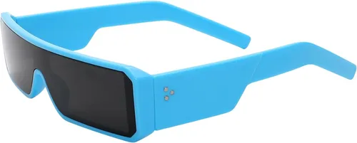 Vista 8 de TYA Gafas de sol pequeñas para mujeres y hombres, futuristas alienígenas, color negro, lentes de sol rectangulares con marco brillante de los años
