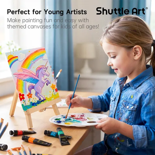 Vista 6 de Juego de 48 pinturas acrílicas para niños, Shuttle Art 30 colores de pintura acrílica con caballete de madera, lienzo, bloc de pintura, pinceles