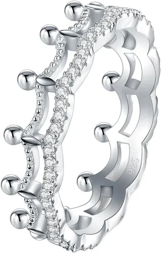 Vista 2 de BORUO Anillo de plata de ley 925, circonita cúbica, corona de princesa, tiara de boda, anillo de eternidad, tamaño 4-12