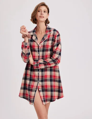 Vista 2 de Ekouaer Camisones de algodón para mujer, con botones, manga larga, a cuadros, estilo casual, para novio