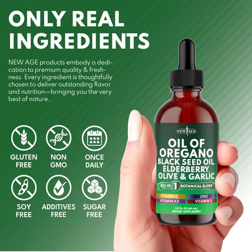 Vista 6 de NEW AGE Gotas de aceite de orégano - Aceite de semilla negra, saúco, vitamina D, D3, K2, oliva, ajo, suplemento de apoyo inmunológico, fórmula