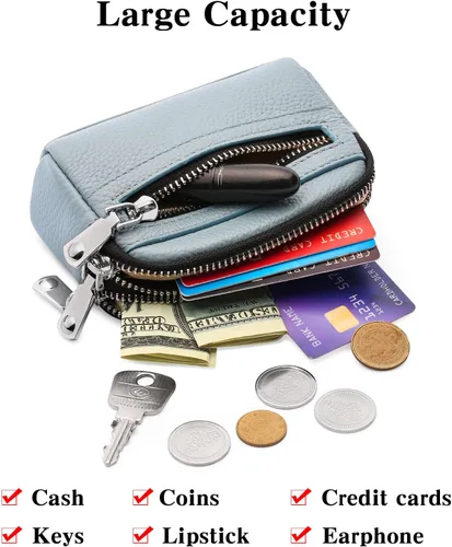 Vista 7 de SENDEFN Monedero para mujer de cuero con doble cremallera alrededor de bolsa pequeña, Azul