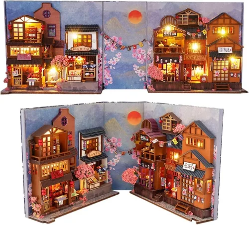 Vista 3 de Kit de rincón de libro de estilo japonés, kit de casa de muñecas en miniatura, casa de muñecas de madera, habitación creativa con luces LED, regalos