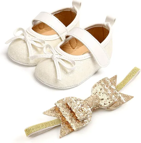 Vista 3 de Zapatos planos Mary Jane para bebé con diadema de lazo, vestido de princesa floral para bebé, suela suave, zapatos de cuna antideslizantes