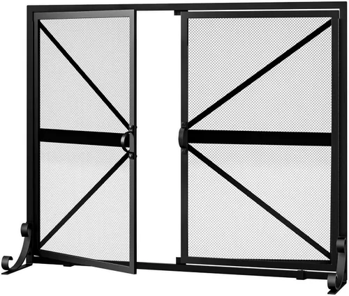 Vista 3 de Fire Beauty Pantalla de chimenea con puertas, 2 paneles hechos a mano de hierro forjado sólido malla decorativa, accesorios seguros para bebés