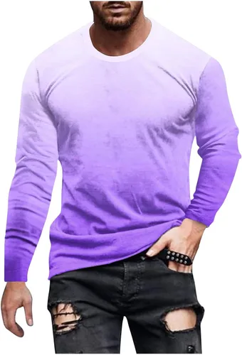 Vista 11 de Camisas para hombre, estilo casual, elegante, manga larga, color degradado, cuello redondo, sudaderas grandes y altas para entrenamiento de gimnasio