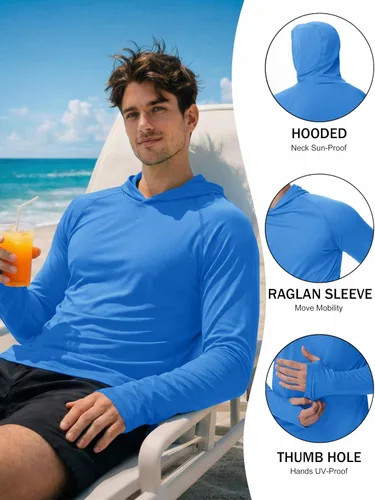 Vista 6 de KEFITEVD Sudadera con capucha de manga larga para hombre con protección solar UPF 50+ SPF de secado rápido Azur