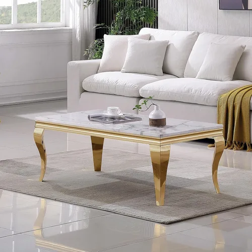 Vista 12 de Mesa de centro de lujo de mármol sintético con base en U de Mármol A-blanco oro15