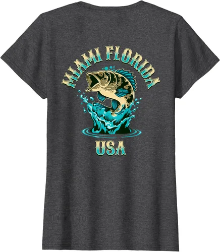 Vista 7 de Camiseta con diseño de pesca en la parte delantera y trasera de Miami Florida USA, Negro