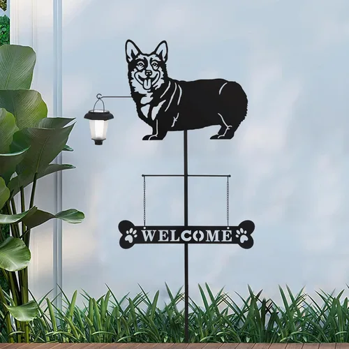 Vista 6 de BAYN Letrero de bienvenida de corgi de raza solar con silueta de perro con una linterna para jardín, césped, patio, camino Corgi Gift, Bone Shaped