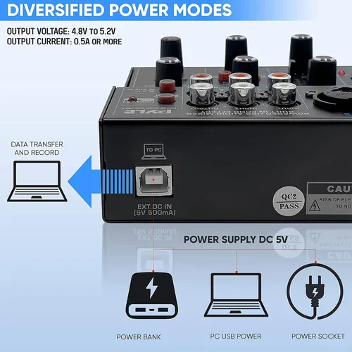 Vista 4 de Mezclador de audio inalámbrico profesional Pyle DJ - Mezclador de sonido con controlador Bluetooth de 4 canales, interfaz de audio USB, 2 entradas