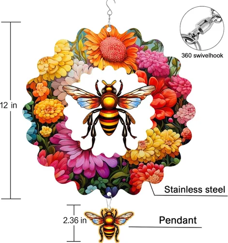 Vista 5 de Molinillos de viento de abeja para patio y jardín, 12 pulgadas de metal grande giratorio de viento colgante para mujeres/hombres, esculturas