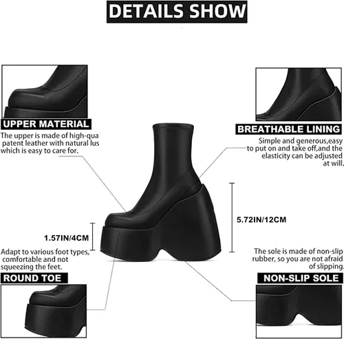Vista 3 de VOMIRA Botas de plataforma negras para mujer elásticas de tacón alto con cuña y punta redonda góticas botas de vestir para motocicleta