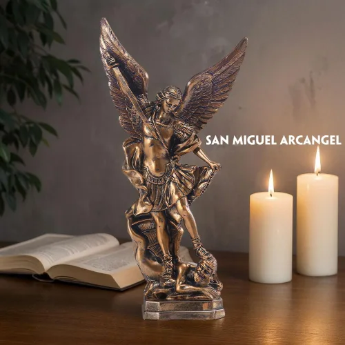 Vista 4 de QIANLING Estatua de San Miguel Arcangel de 12.5 pulgadas, estatua de San Miguel en resina bronceada, figuras de la colección de San Miguel Arcángel