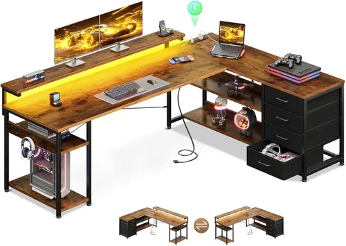 Vista 11 de AODK - Escritorio en forma de L de 61" con cajón, escritorio para computadora con tomas de corriente y luces LED, escritorio de esquina reversible