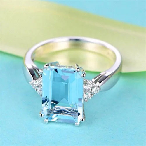 Vista 2 de Anillo de plata de ley 925 creativa para mujer, anillo de zafiro rectangular brillante de 18 quilates cuadrado azul con circonita cúbica, anillo
