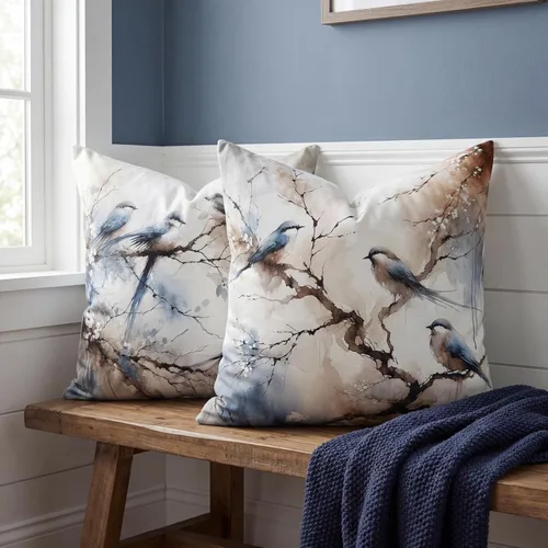 Vista 6 de Juego de 2 fundas de almohada decorativas de terciopelo de 18 x 18 pulgadas, estampado de pájaros y ramas en acuarela, felpa suave con acento neutro