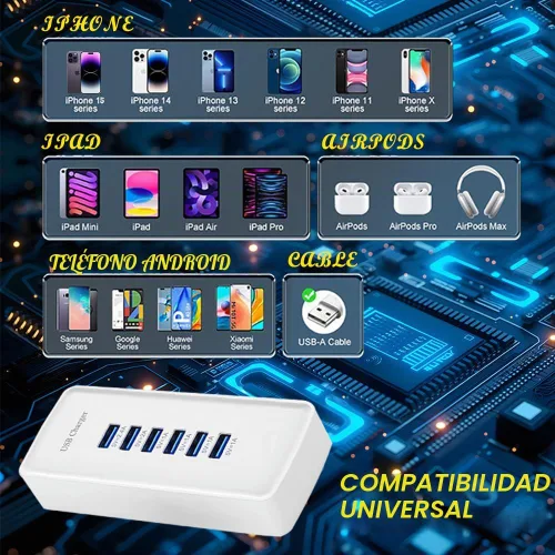 Vista 4 de Cargador rápido USB, estación de carga portátil de 6 puertos, adecuado para varios dispositivos, compatible con iPhone, iPad, Samsung, Google