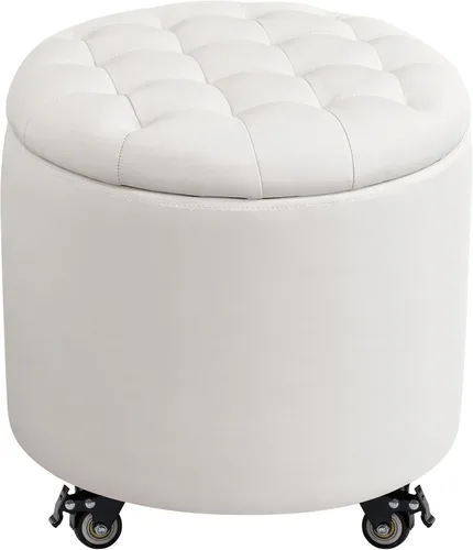 Vista 15 de Furniliving Moderno otomano redondo de almacenamiento, otomano tapizado con botones capitoné con tapa extraíble, taburete de almacenamiento