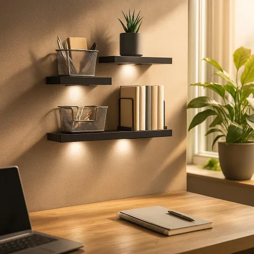 Vista 2 de SkyMall Estantes de pared flotantes de madera versátiles con luces LED - negro (juego de 3)