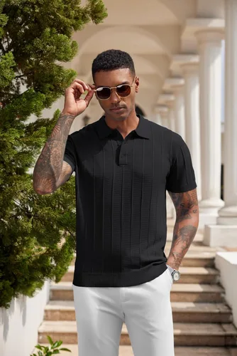 Vista 110 de COOFANDY Camisas polo de punto para hombre de manga corta con textura acanalada Camisas de golf casuales y ligeras con cuello Camiseta de polo