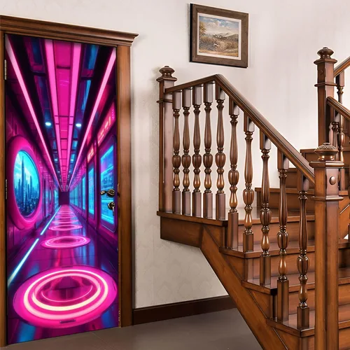 Vista 5 de Calcomanías para puerta, 3D y 90, diseño de arcade, visera, VR, aventura, murales, papel tapiz autoadhesivo para puerta, póster para dormitorio
