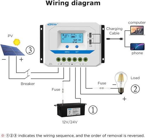 Vista 4 de EPEVER Controlador de carga solar de 10 A, regulador de carga de panel solar PWM de trabajo automático de 12 V/24 V, con pantalla LCD y potente