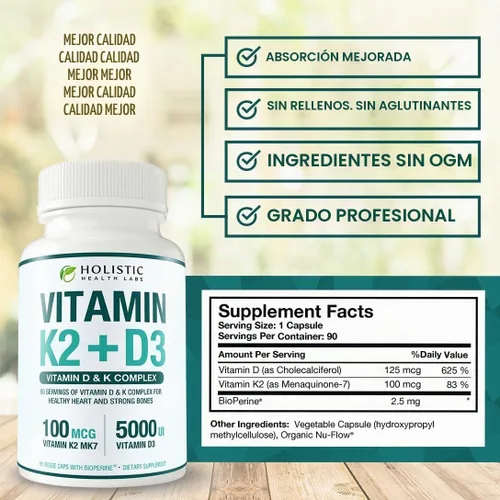Vista 6 de Vitamina K2 + D3 de absorción máxima (5000UI), 90 cápsulas vegetales de MK-7 (Menaquinona-7) y colecalciferol (con BioPerina) Suministro de 3 meses