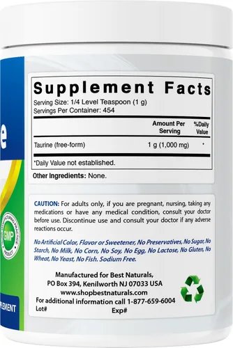 Vista 6 de Best Naturals Forma libre de polvo de taurina 100% pura, taurina, 1000 mg por porción, 1 libra (454 gm) (1 libra (paquete de 3))