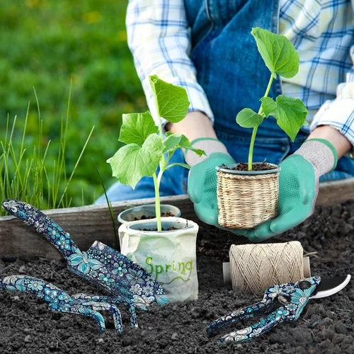 Vista 7 de WORKPRO Juego de herramientas de jardín de aluminio, 4 piezas de herramientas de jardín de mano resistentes con caja que incluye paleta, rastrillo