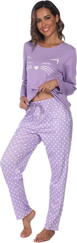 Vista 3 de Cotton Pajamas For Women, Long Sleeve Sleepwear with Long Pants, Cat Printed Pj Loungewear Sets, PJ Set for Women