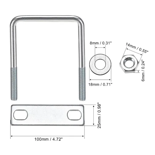 Vista 41 de uxcell Pernos cuadrados en U de 1 "(25 mm) de ancho interior de acero al carbono M8 con tuercas, placa de marco, arandelas redondas, juego de 4