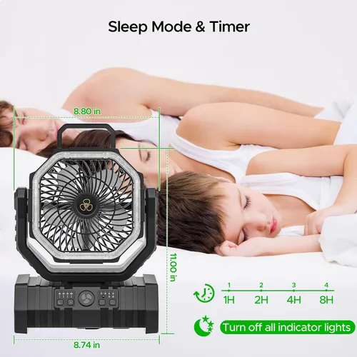 Vista 7 de Ventilador recargable de camping con linterna LED, 20,000 mAh, ventilador de escritorio auto-oscilante recargable con batería, control remoto