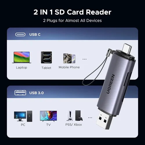 Vista 14 de UGREEN Lector de Tarjetas SD USB C, Lector de Tarjetas Micro SD USB 3.0 2 en 1 Lector de Tarjetas de Memoria para MicroSD SDHC SDXC Compatible