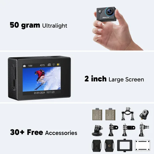 Vista 7 de Dragon Touch 4K30FPS Action Camera Vision 3 20MP 100FT Cámara de Acción Impermeable Subacuática con Control Remoto 170° Gran Angular WiFi Cámara
