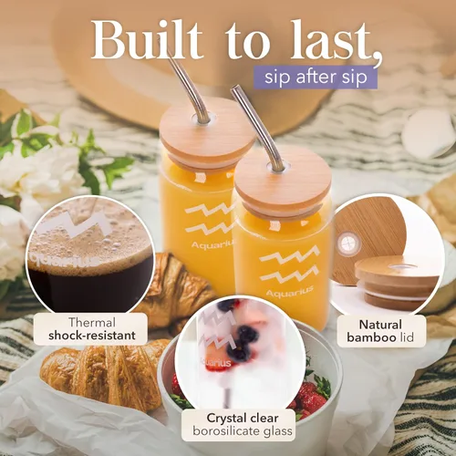 Vista 4 de Taza de café helado de 18 onzas Vaso de cerveza Taza de café con tapa y popote Regalos del zodiaco de acuario para mujeres y hombres