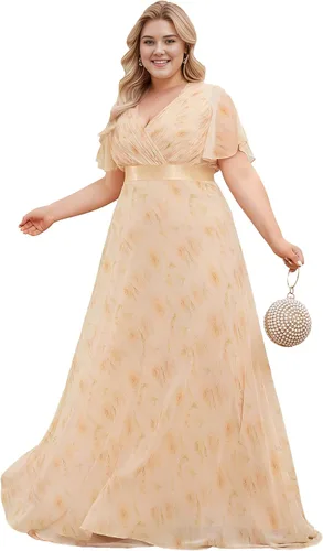 Vista 23 de Ever-Pretty Vestidos formales de noche de gasa para mujer con cuello en V de talla grande para mujeres con curvas, vestido de dama de honor de largo